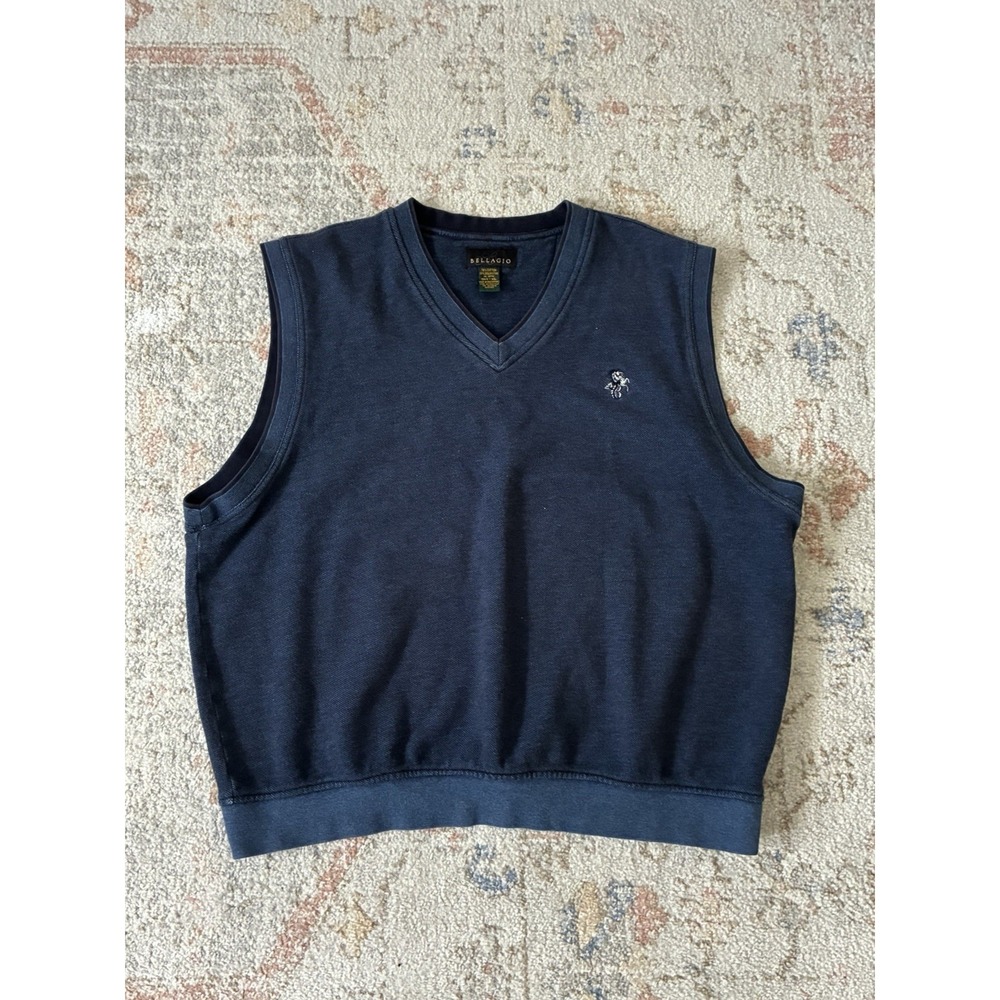 Bellagio VTG Men's Knit Sweater Vest V-Neck Navy Blue Embroidered Logo Size XL